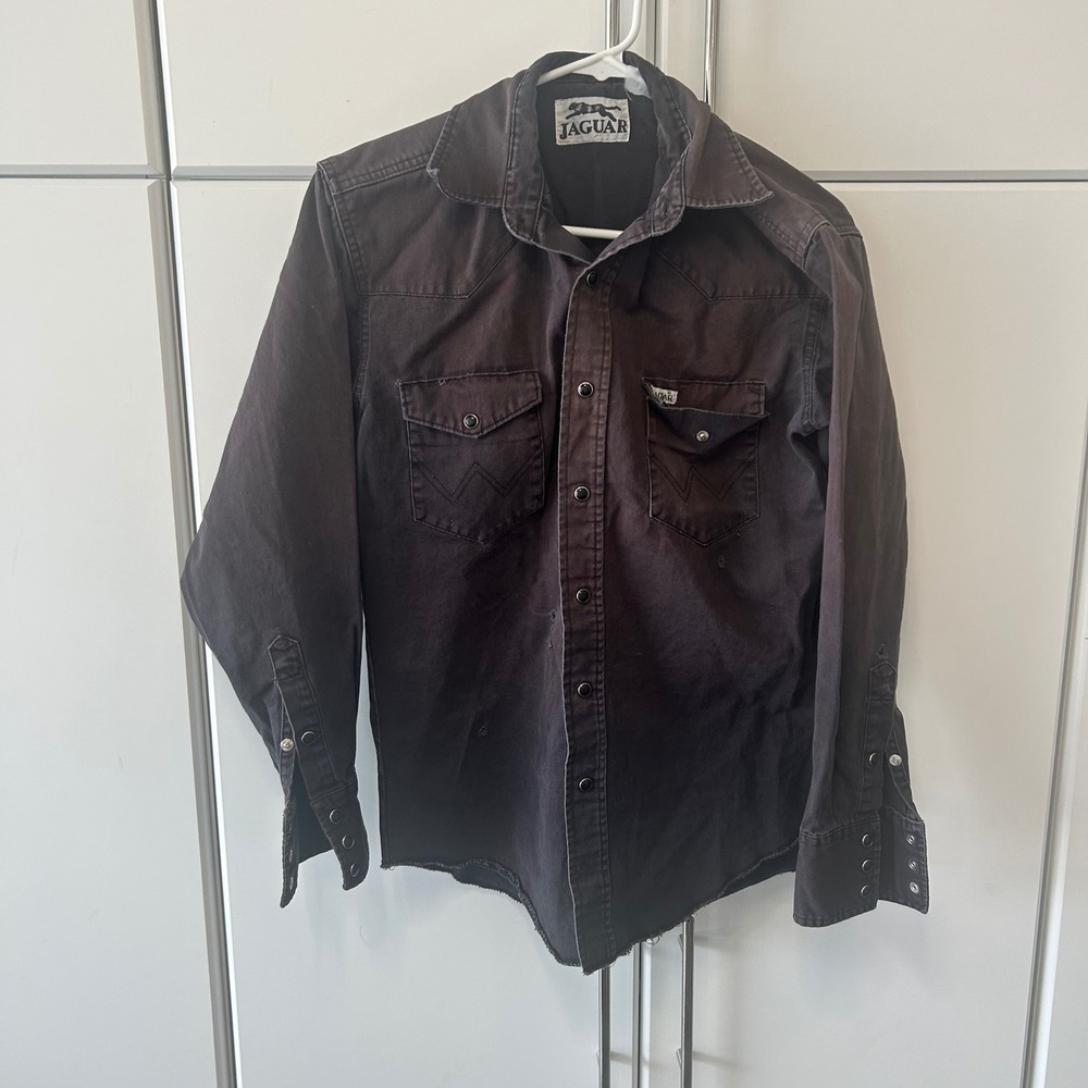Jaguar Mens Western Pearl Snap Shirt Black Faded‎ Distressed Raw Hem L/S Medium